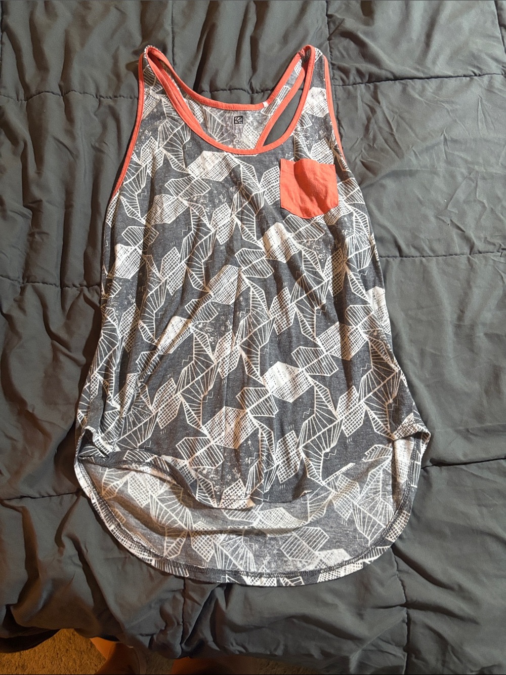 Nollie Gray Leaf-Print Racerback Tank with Coral Trim and Pocket